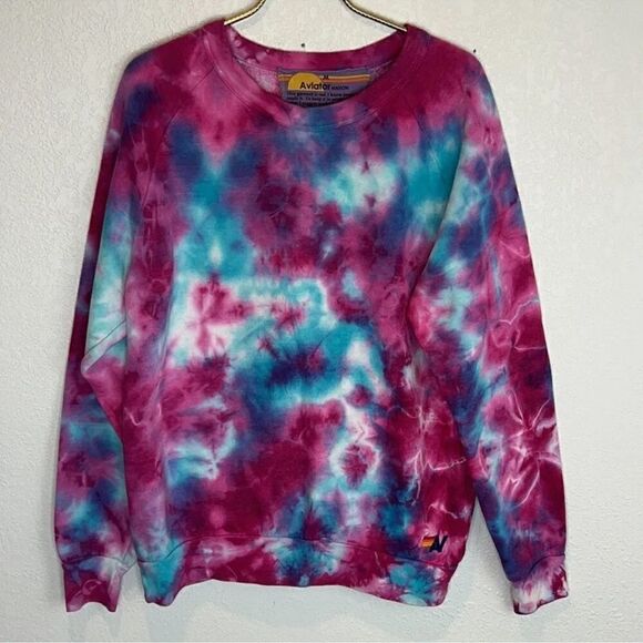 New Aviator Nation HAND DYED LIGHT WEIGHT CREW SWEATSHIRT Pink/Turquoise Medium - Picture 3 of 14
